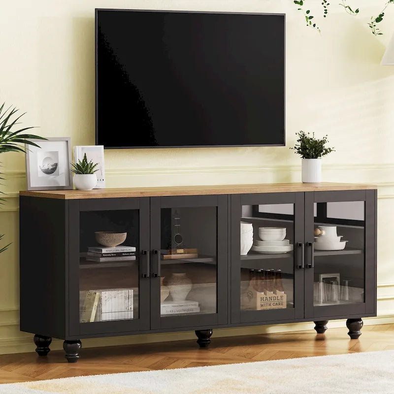 Mobile Porta TV per Televisori Fino a 70 Pollici, Credenza Versatile, Ripiani Regolabili, Ante in Vetro Temperato, Mobile Contenitore con 5 Piedini a Forma di Zucca