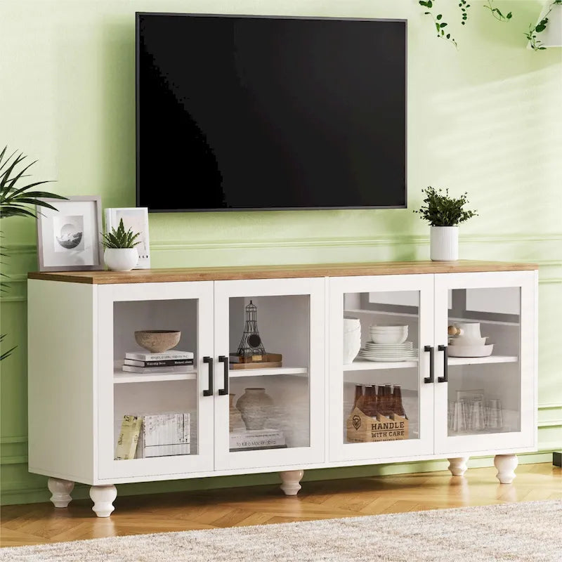Mobile Porta TV per Televisori Fino a 70 Pollici, Credenza Versatile, Ripiani Regolabili, Ante in Vetro Temperato, Mobile Contenitore con 5 Piedini a Forma di Zucca