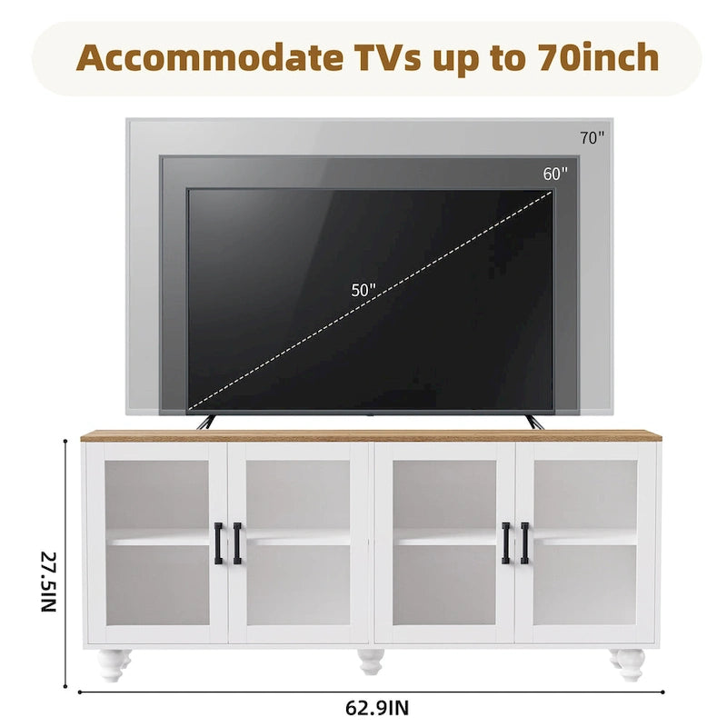 Mobile Porta TV per Televisori Fino a 70 Pollici, Credenza Versatile, Ripiani Regolabili, Ante in Vetro Temperato, Mobile Contenitore con 5 Piedini a Forma di Zucca