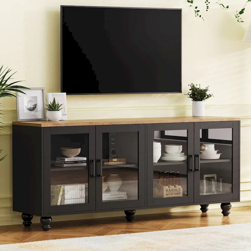 Mobile Porta TV per Televisori Fino a 70 Pollici, Credenza Versatile, Ripiani Regolabili, Ante in Vetro Temperato, Mobile Contenitore con 5 Piedini a Forma di Zucca