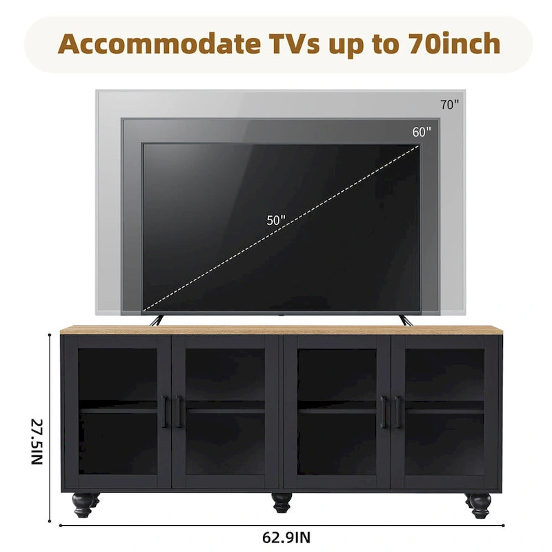 Mobile Porta TV per Televisori Fino a 70 Pollici, Credenza Versatile, Ripiani Regolabili, Ante in Vetro Temperato, Mobile Contenitore con 5 Piedini a Forma di Zucca