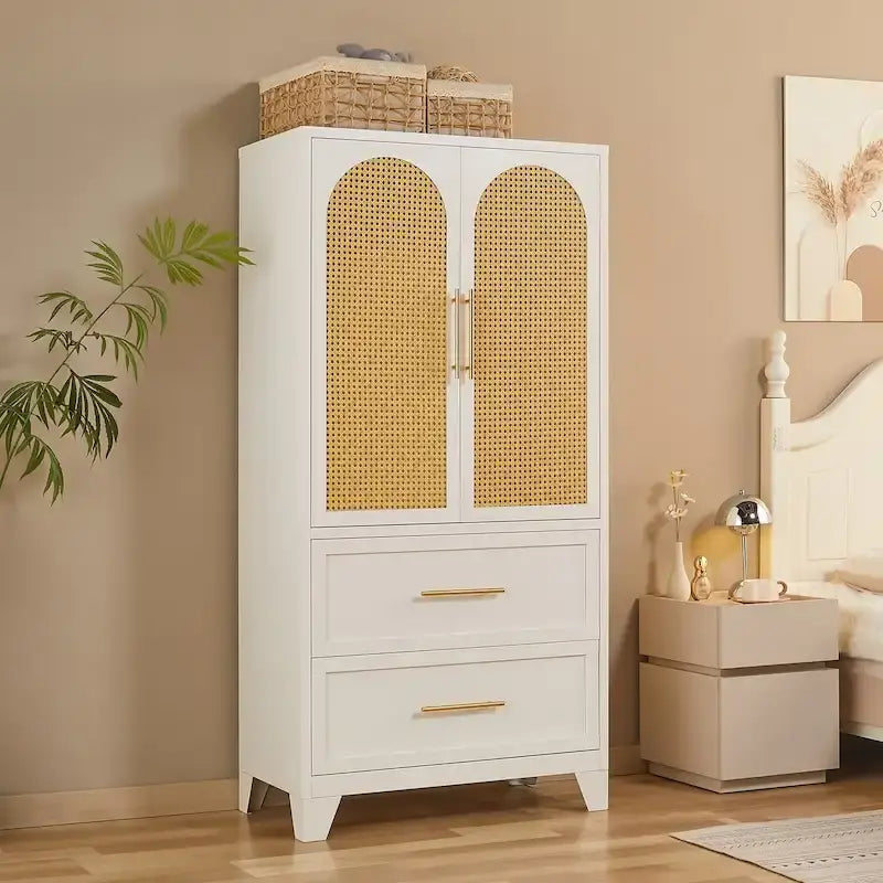 Armadio Guardaroba in Rattan con Cassetto e Asta Appendiabiti - 165H x 80W x 45P