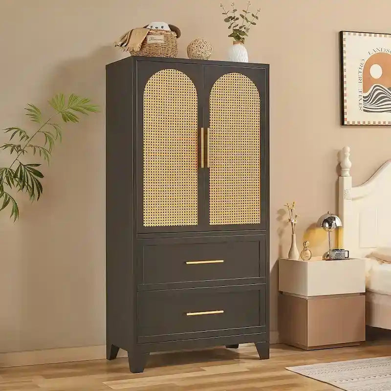 Armadio Guardaroba in Rattan con Cassetto e Asta Appendiabiti - 165H x 80W x 45P