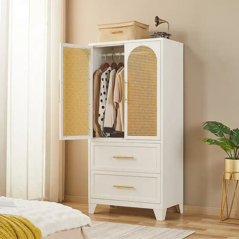 Armadio Guardaroba in Rattan con Cassetto e Asta Appendiabiti - 165H x 80W x 45P