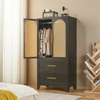 Armadio Guardaroba in Rattan con Cassetto e Asta Appendiabiti - 165H x 80W x 45P