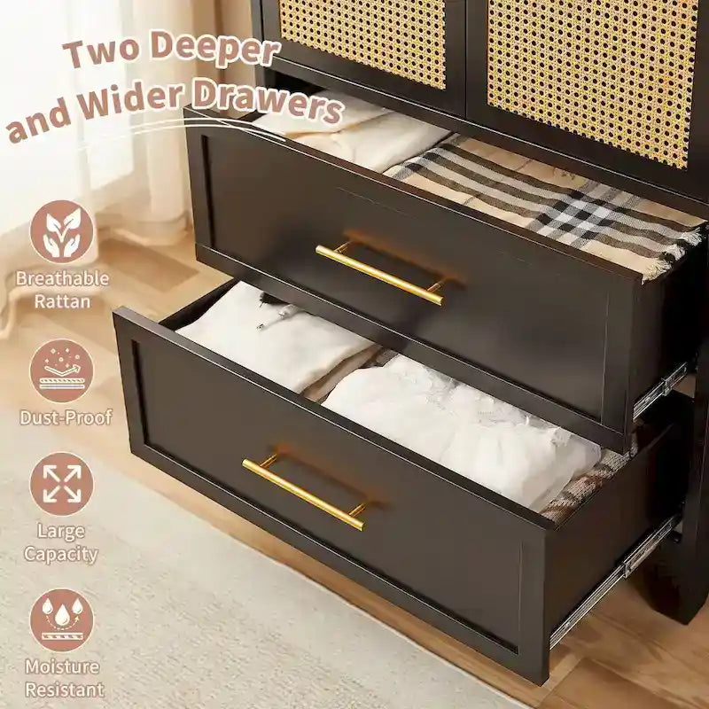 Armadio Guardaroba in Rattan con Cassetto e Asta Appendiabiti - 165H x 80W x 45P