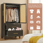 Armadio Guardaroba in Rattan con Cassetto e Asta Appendiabiti - 165H x 80W x 45P