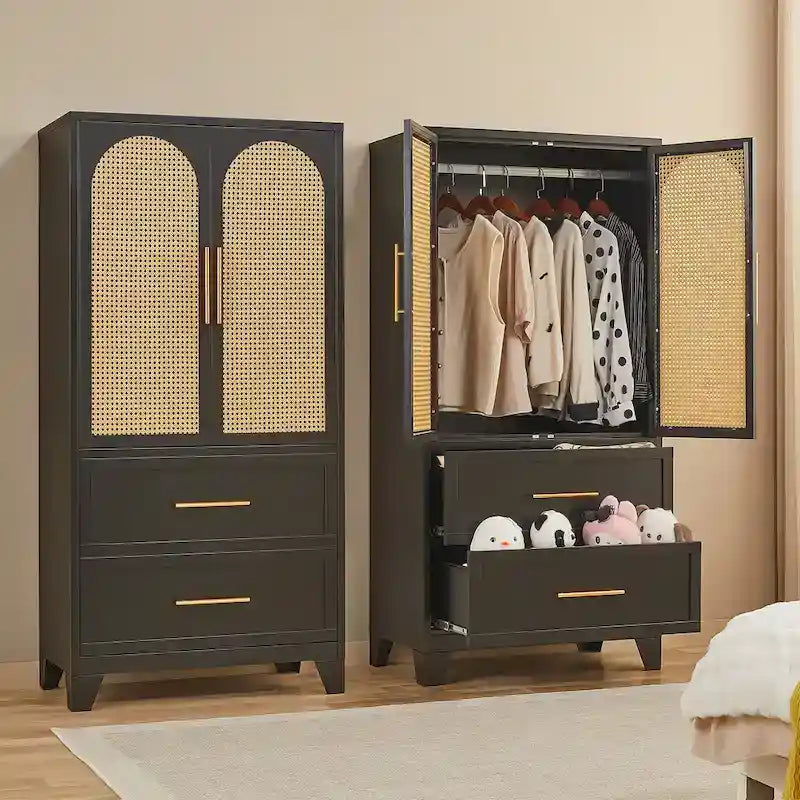Armadio Guardaroba in Rattan con Cassetto e Asta Appendiabiti - 165H x 80W x 45P