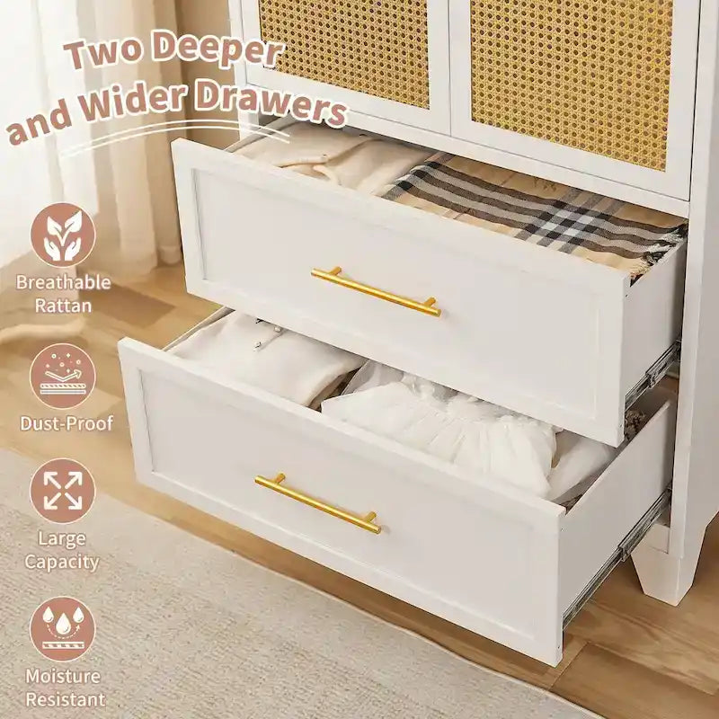 Armadio Guardaroba in Rattan con Cassetto e Asta Appendiabiti - 165H x 80W x 45P