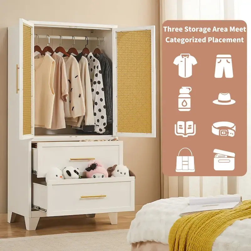 Armadio Guardaroba in Rattan con Cassetto e Asta Appendiabiti - 165H x 80W x 45P