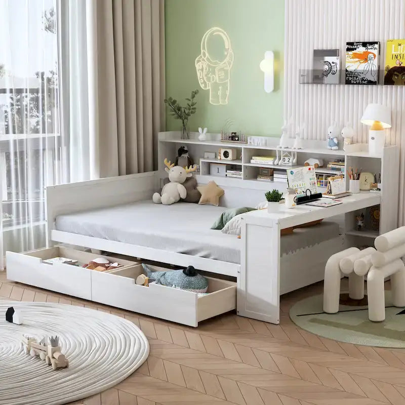 Divano letto matrimoniale in legno con mensole portaoggetti, due cassetti e scrivania, bianco antico