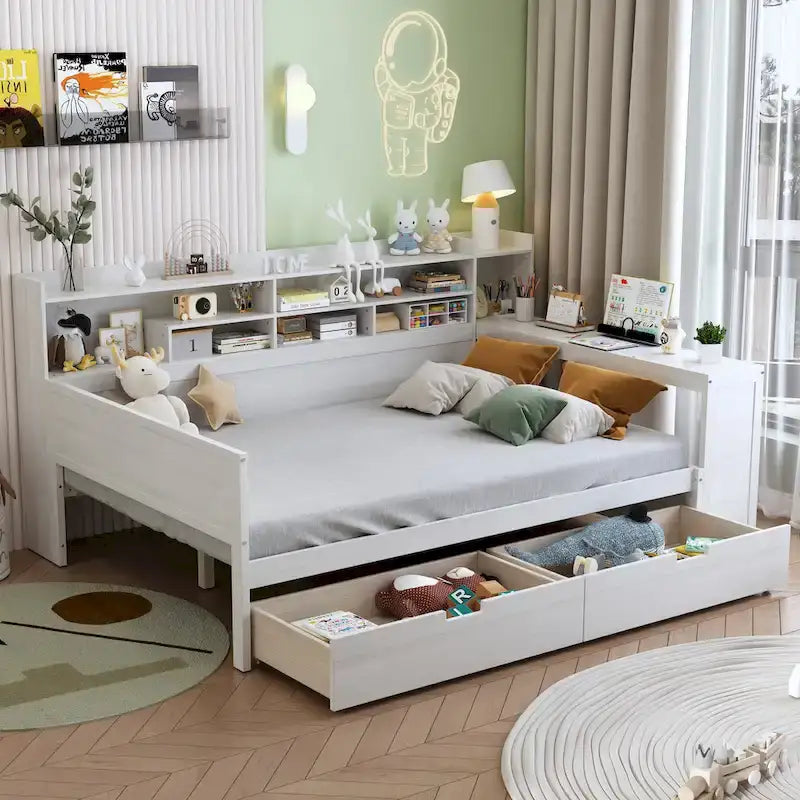 Divano letto matrimoniale in legno con mensole portaoggetti, due cassetti e scrivania, bianco antico