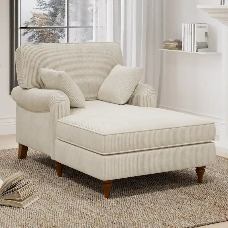 Chaise longue da 103 cm, divano interno oversize con cuscini e braccioli arrotolati, rivestimento in velluto a coste, beige