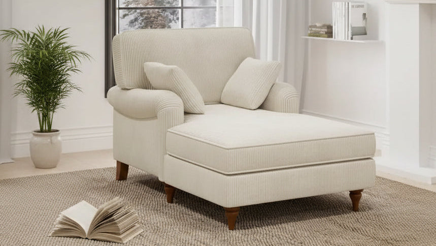 Roomfitters 40.5 Chaise Lounge Chair, Oversized Indoor Sofa with Pillows and Rolled Arms, Corduroy Upholstery, Beige
