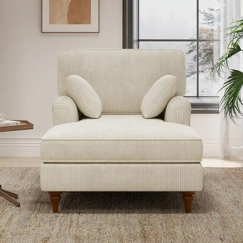 Chaise longue da 103 cm, divano interno oversize con cuscini e braccioli arrotolati, rivestimento in velluto a coste, beige