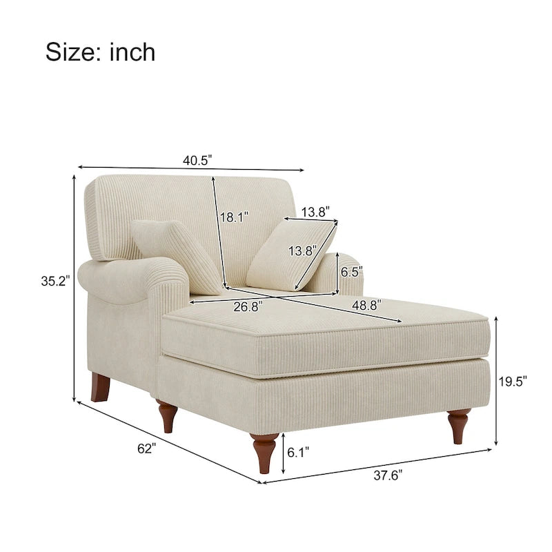 Chaise longue da 103 cm, divano interno oversize con cuscini e braccioli arrotolati, rivestimento in velluto a coste, beige