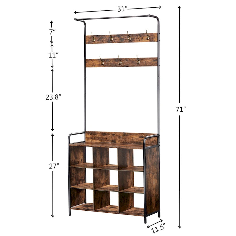 Appendiabiti da ingresso 3 in 1 in legno anticato marrone, scarpiera con asta appendiabiti e 7 ganci