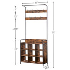 Appendiabiti da ingresso 3 in 1 in legno anticato marrone, scarpiera con asta appendiabiti e 7 ganci
