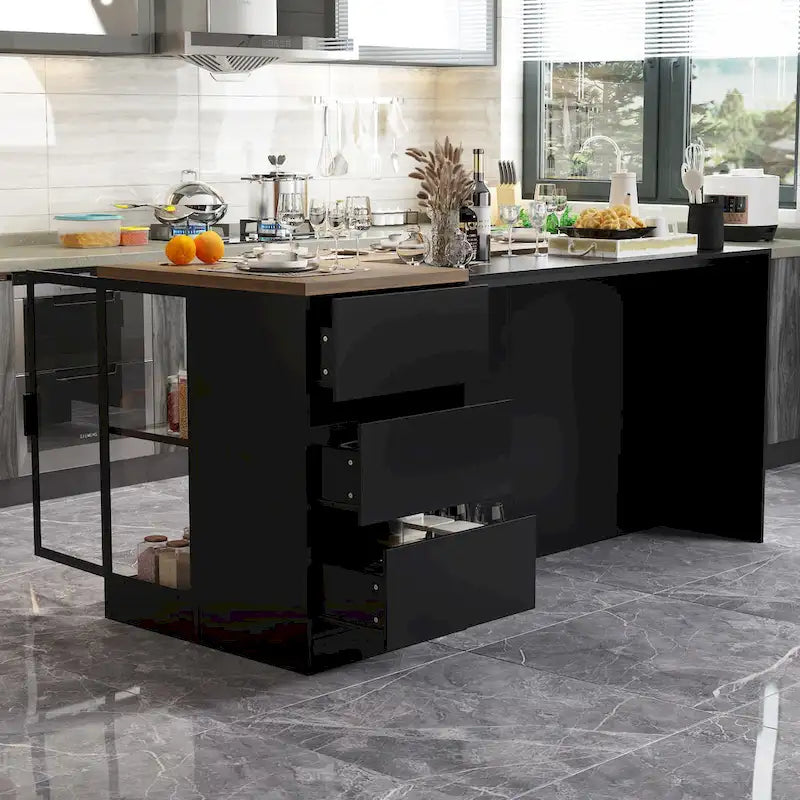 Isola da cucina con cassetti e vetrine, convertibile in scrivania