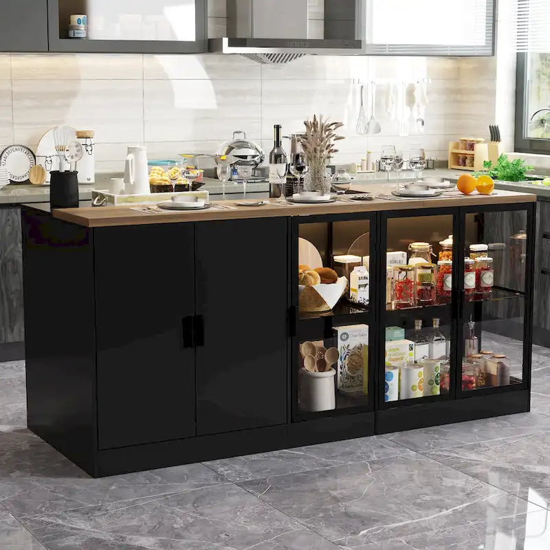 Isola da cucina con cassetti e vetrine, convertibile in scrivania
