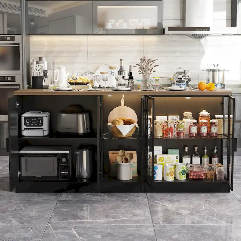 Isola da cucina con cassetti e vetrine, convertibile in scrivania