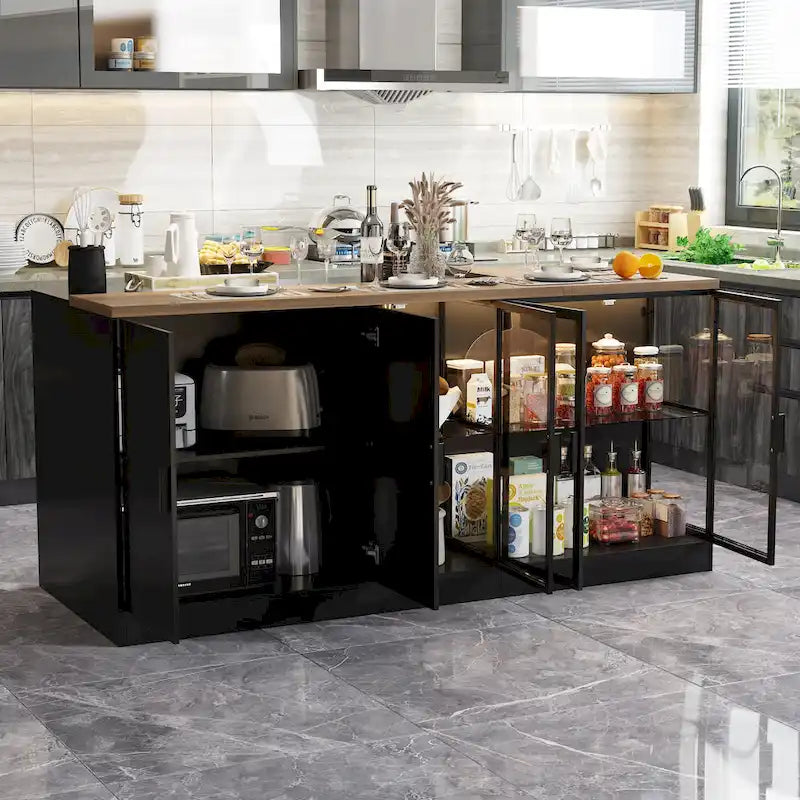 Isola da cucina con cassetti e vetrine, convertibile in scrivania