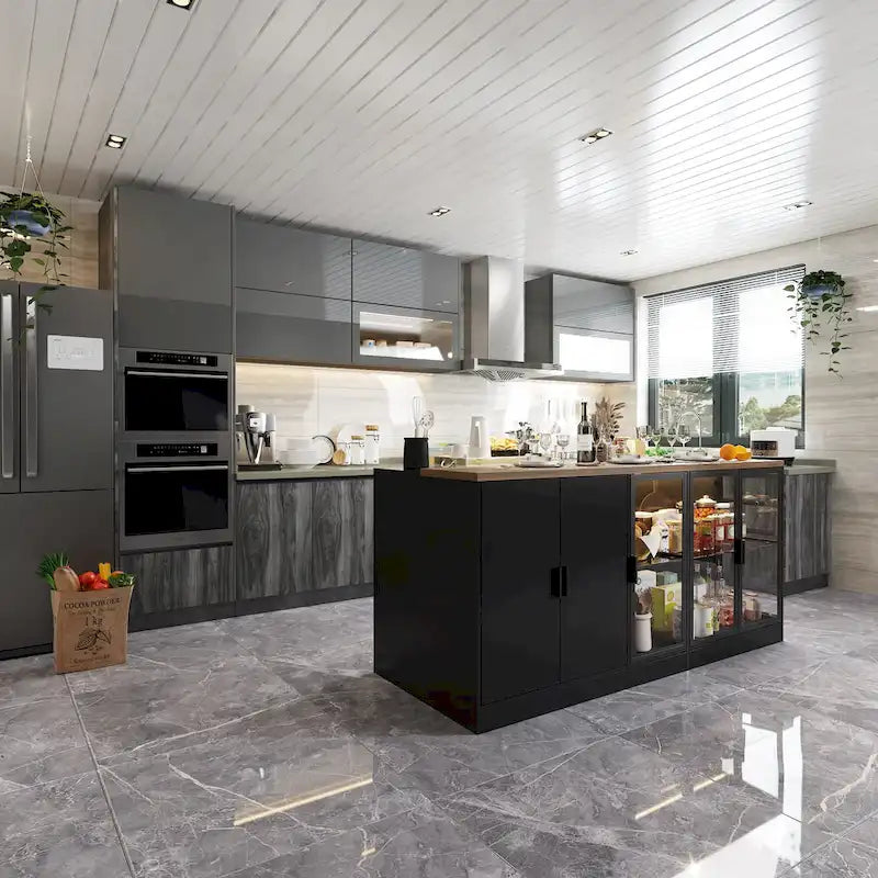 Isola da cucina con cassetti e vetrine, convertibile in scrivania