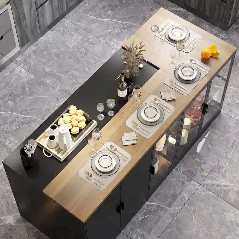 Isola da cucina con cassetti e vetrine, convertibile in scrivania
