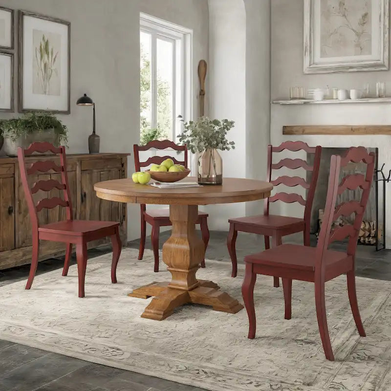 Set da pranzo con piano rotondo in legno massello da 45" e sedie con schienale a pioli alla francese