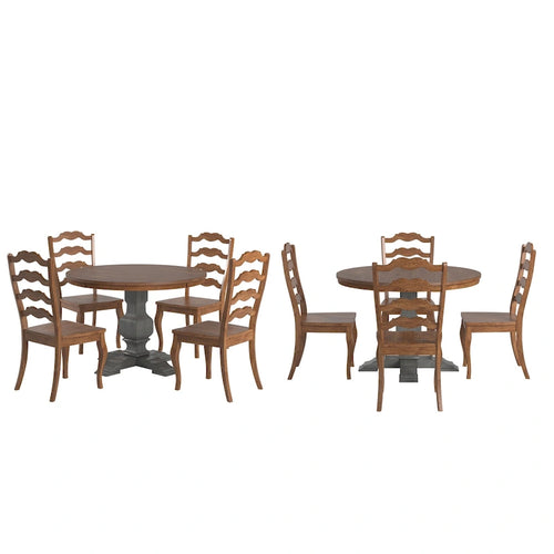 Set da pranzo con piano rotondo in legno massello da 45" e sedie con schienale a pioli alla francese