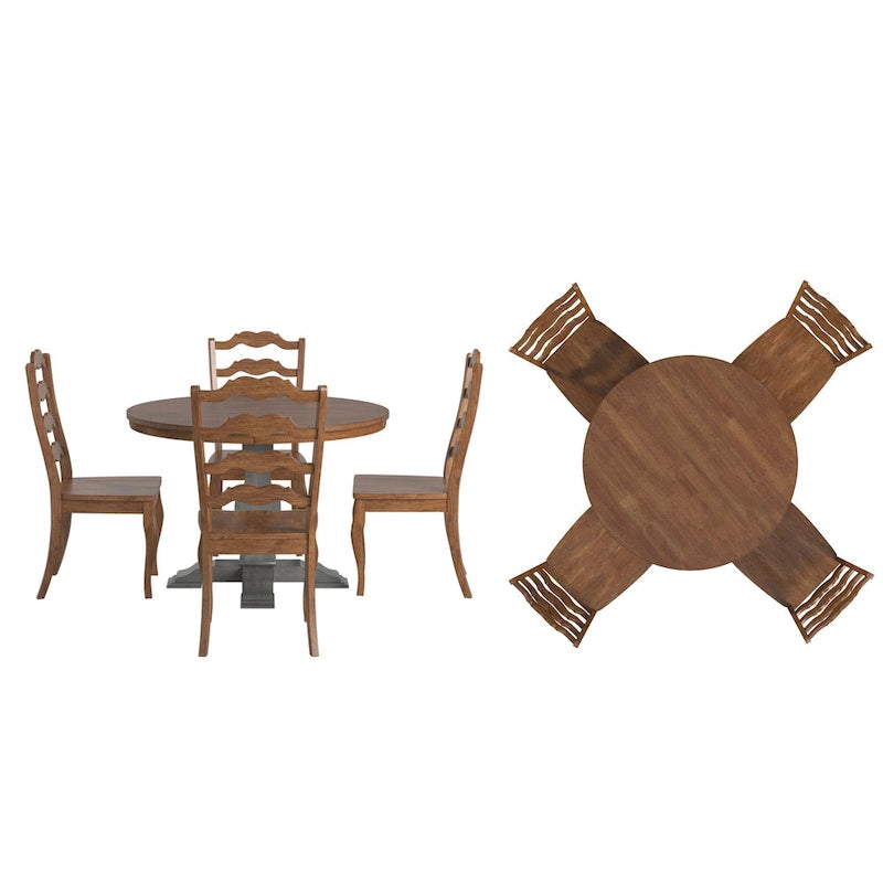Set da pranzo con piano rotondo in legno massello da 45" e sedie con schienale a pioli alla francese