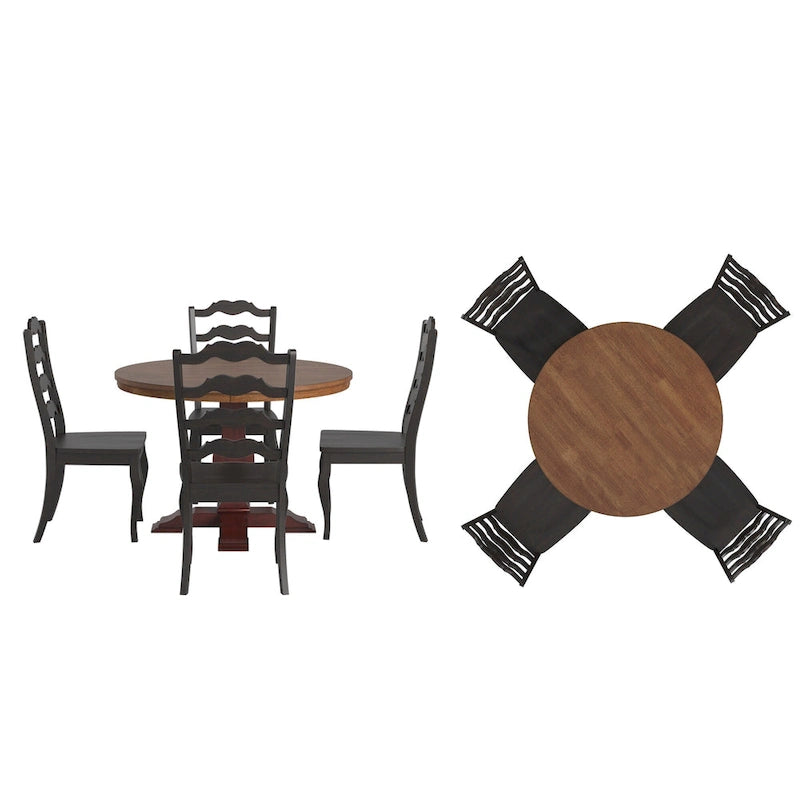 Set da pranzo con piano rotondo in legno massello da 45" e sedie con schienale a pioli alla francese