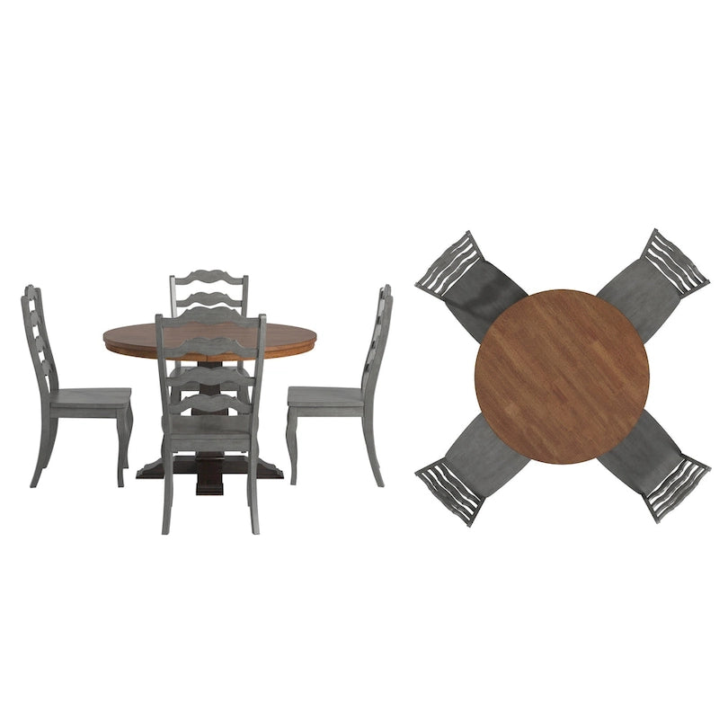 Set da pranzo con piano rotondo in legno massello da 45" e sedie con schienale a pioli alla francese