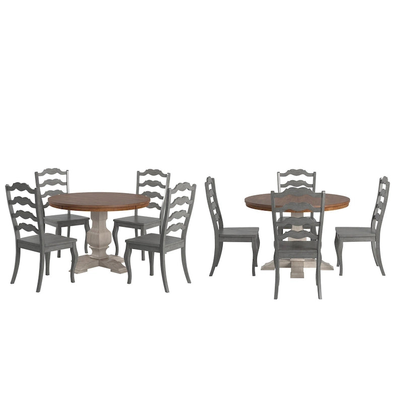 Set da pranzo con piano rotondo in legno massello da 45" e sedie con schienale a pioli alla francese