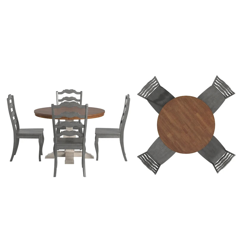 Set da pranzo con piano rotondo in legno massello da 45" e sedie con schienale a pioli alla francese