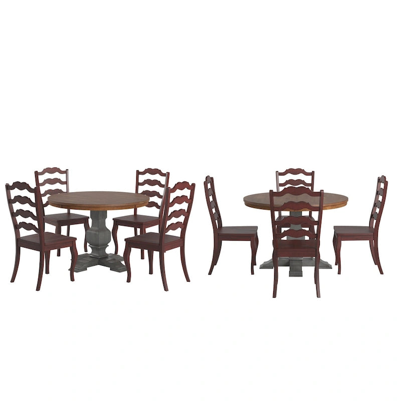 Set da pranzo con piano rotondo in legno massello da 45" e sedie con schienale a pioli alla francese