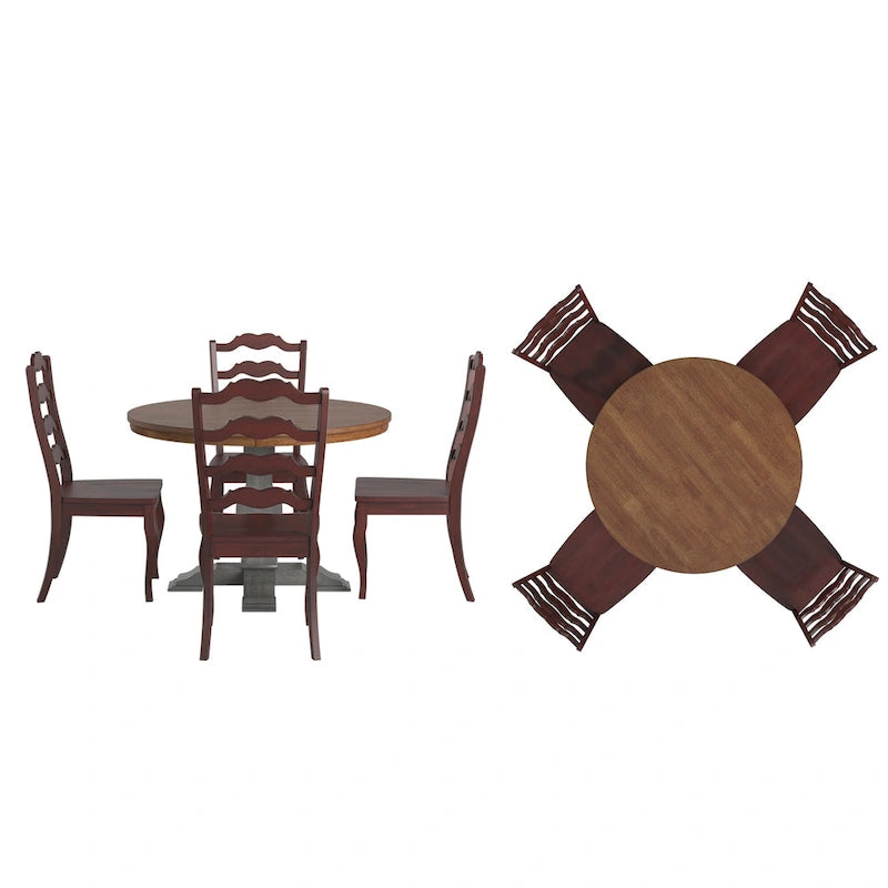 Set da pranzo con piano rotondo in legno massello da 45" e sedie con schienale a pioli alla francese