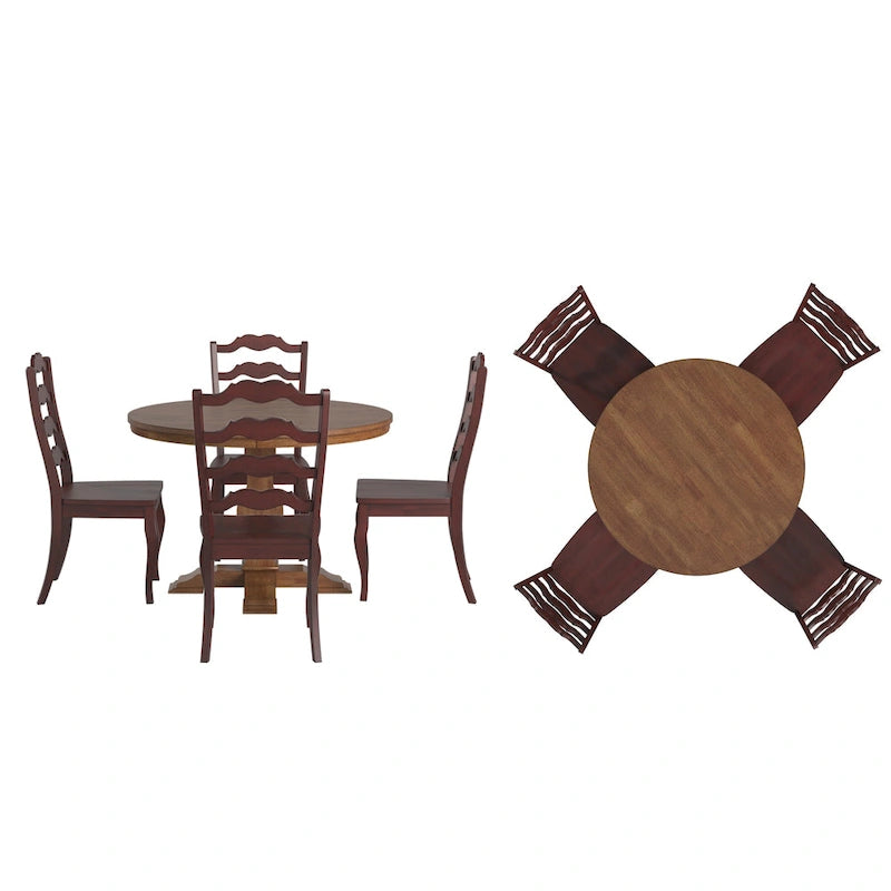 Set da pranzo con piano rotondo in legno massello da 45" e sedie con schienale a pioli alla francese