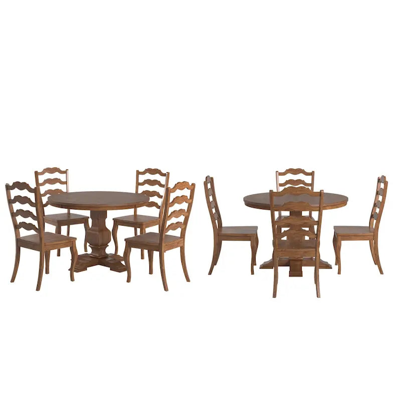 Set da pranzo con piano rotondo in legno massello da 45" e sedie con schienale a pioli alla francese