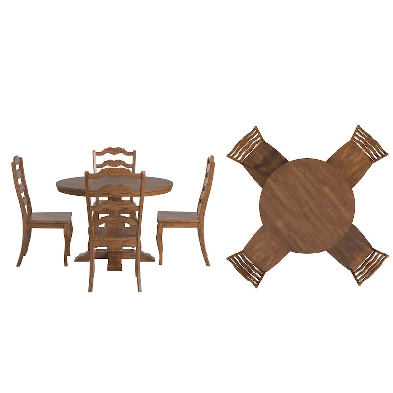 Set da pranzo con piano rotondo in legno massello da 45" e sedie con schienale a pioli alla francese