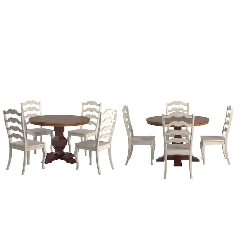 Set da pranzo con piano rotondo in legno massello da 45" e sedie con schienale a pioli alla francese