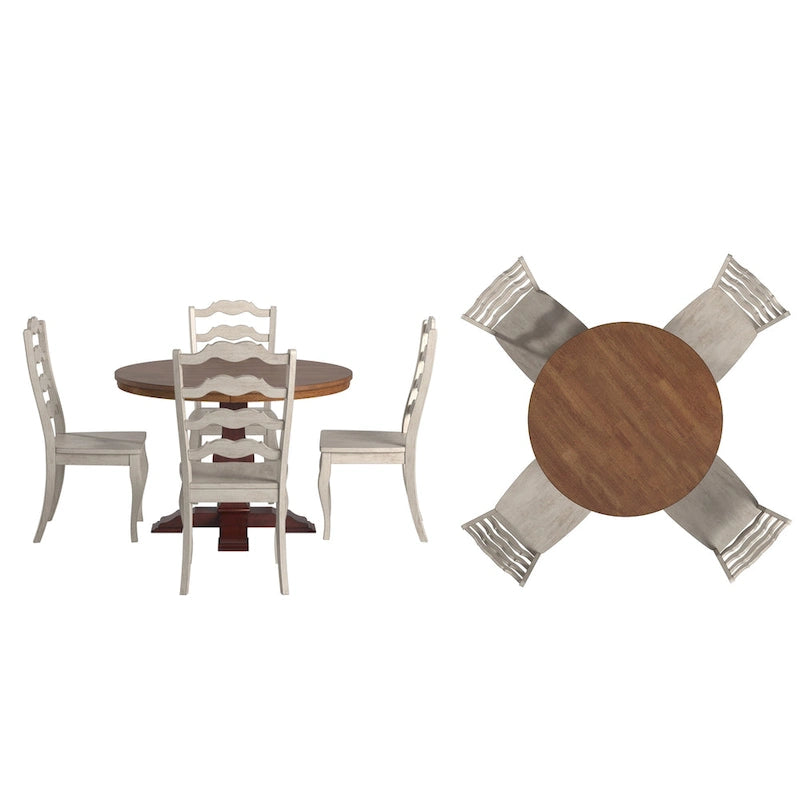 Set da pranzo con piano rotondo in legno massello da 45" e sedie con schienale a pioli alla francese