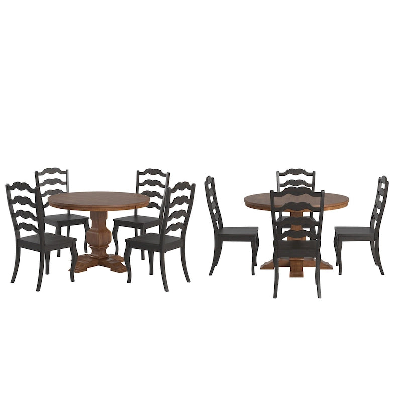 Set da pranzo con piano rotondo in legno massello da 45" e sedie con schienale a pioli alla francese