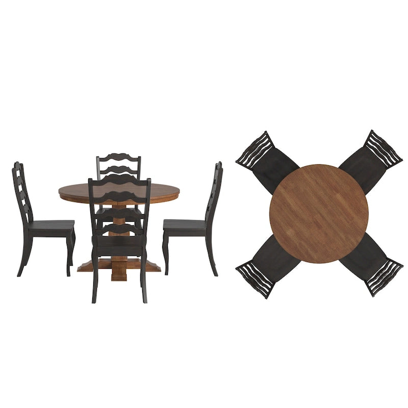 Set da pranzo con piano rotondo in legno massello da 45" e sedie con schienale a pioli alla francese
