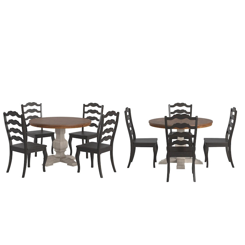Set da pranzo con piano rotondo in legno massello da 45" e sedie con schienale a pioli alla francese