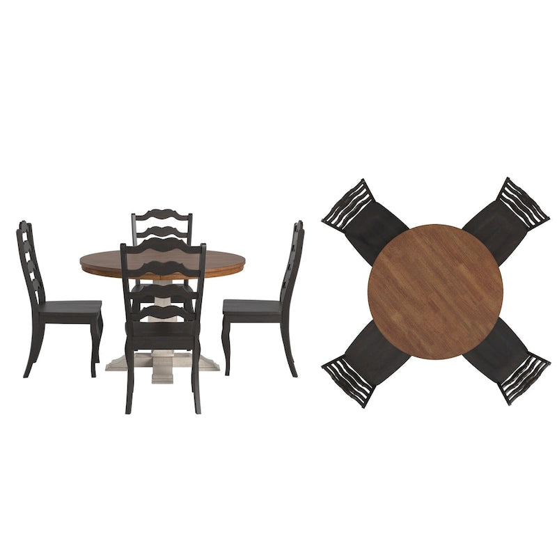 Set da pranzo con piano rotondo in legno massello da 45" e sedie con schienale a pioli alla francese