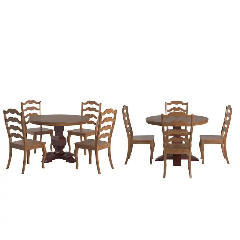 Set da pranzo con piano rotondo in legno massello da 45" e sedie con schienale a pioli alla francese