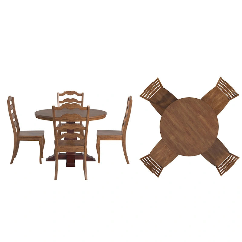 Set da pranzo con piano rotondo in legno massello da 45" e sedie con schienale a pioli alla francese