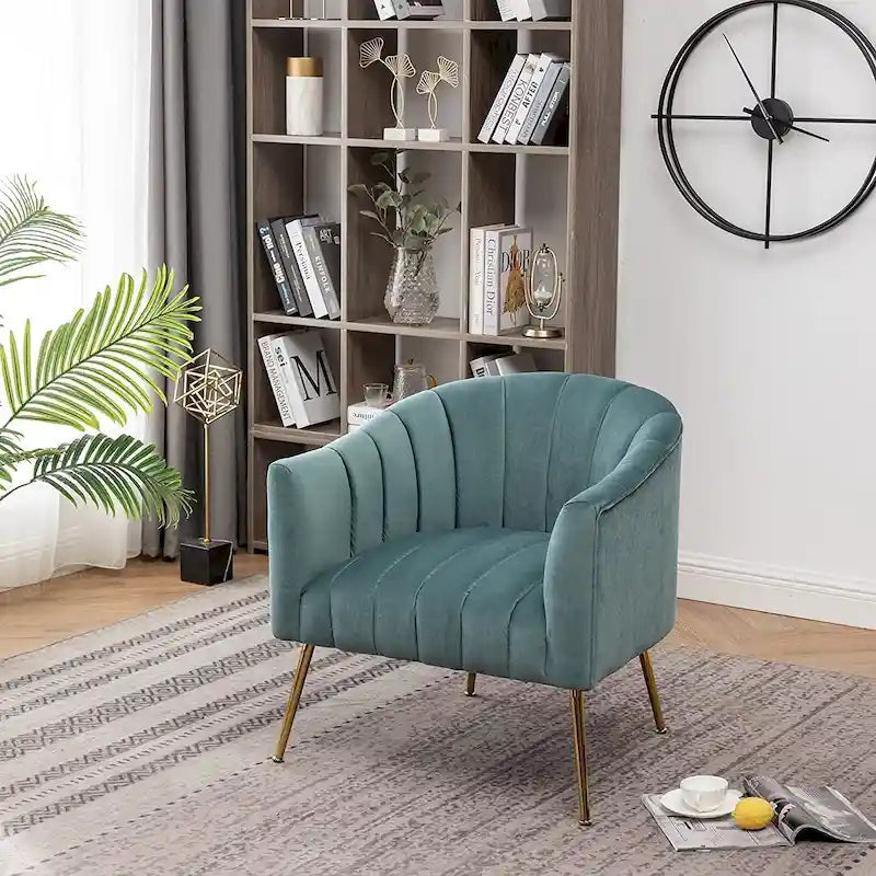 Sedia Poltrona in Velluto Stile Modern Glam con Gambe Metalliche Dorate per Soggiorno