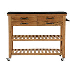 Carrello da cucina in legno a 4 cassetti e 2 ripiani con maniglie in metallo nero e piano in marmo